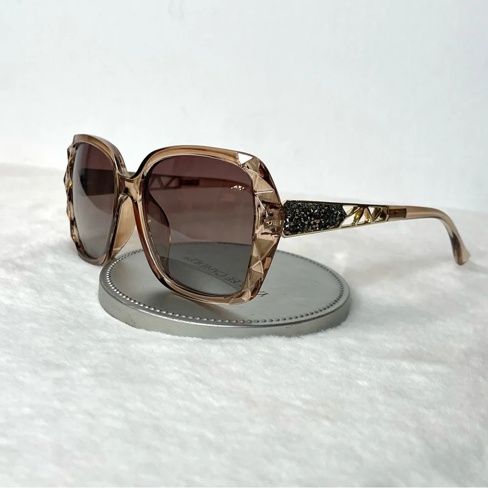 Brown & Gold Oversized Square Sunglasses Polarized Tinted w Crystal Frames Nwt